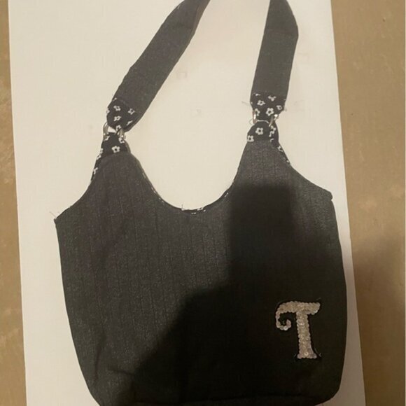 Black Denim Large Handbag “initial T” - Picture 1 of 2